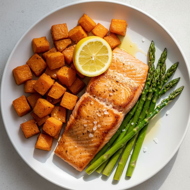 Seared Salmon with Roasted Sweet Potatoes and Asparagus