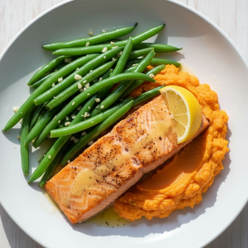 Baked Salmon Fillet with Garlic Green Beans and Sweet Potato Mash