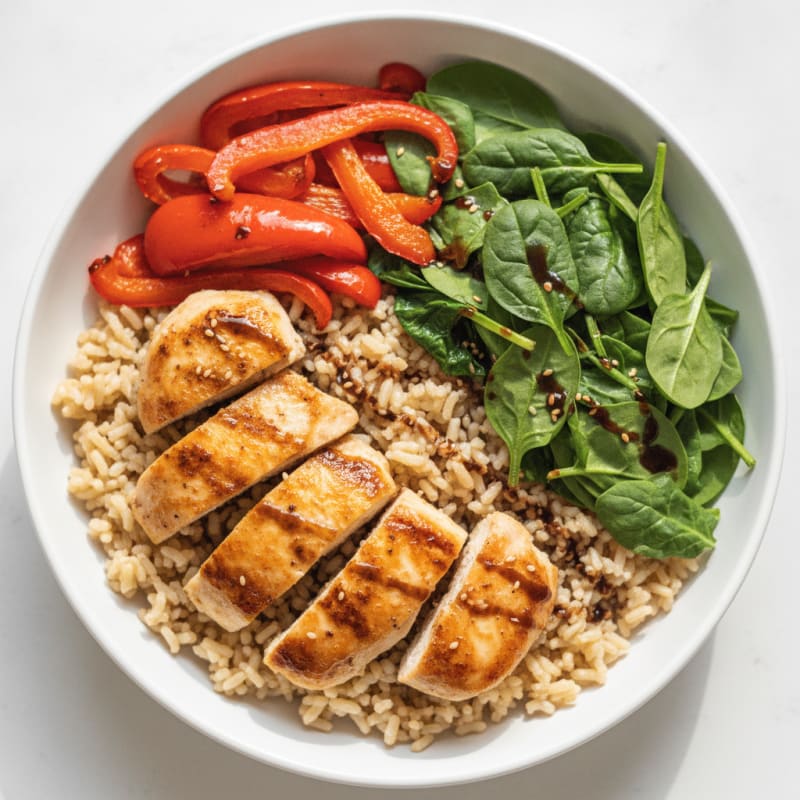 Crispy Chicken Rice Bowl with Roasted Peppers and Spinach