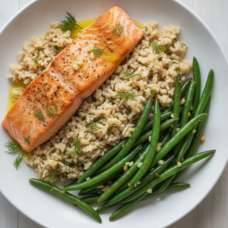 Seared Salmon with Garlic Green Beans and Herbed Brown Rice
