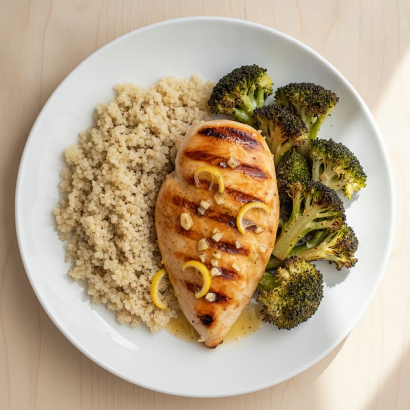 Grilled Lemon Garlic Chicken Breast with Quinoa and Roasted Broccoli