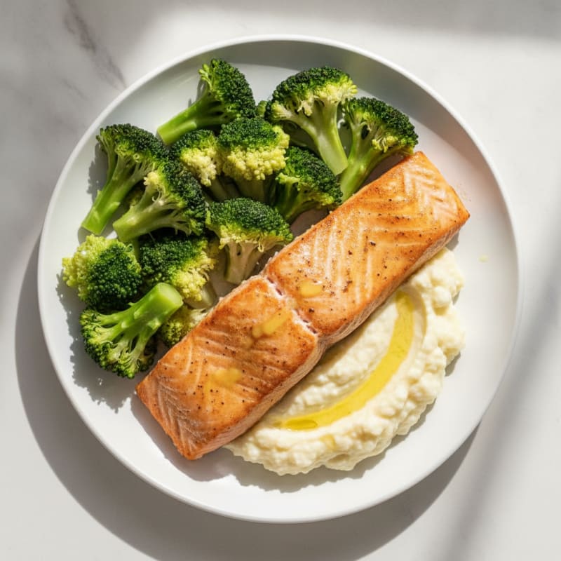 Seared Salmon with Steamed Broccoli and Garlic Mashed Cauliflower