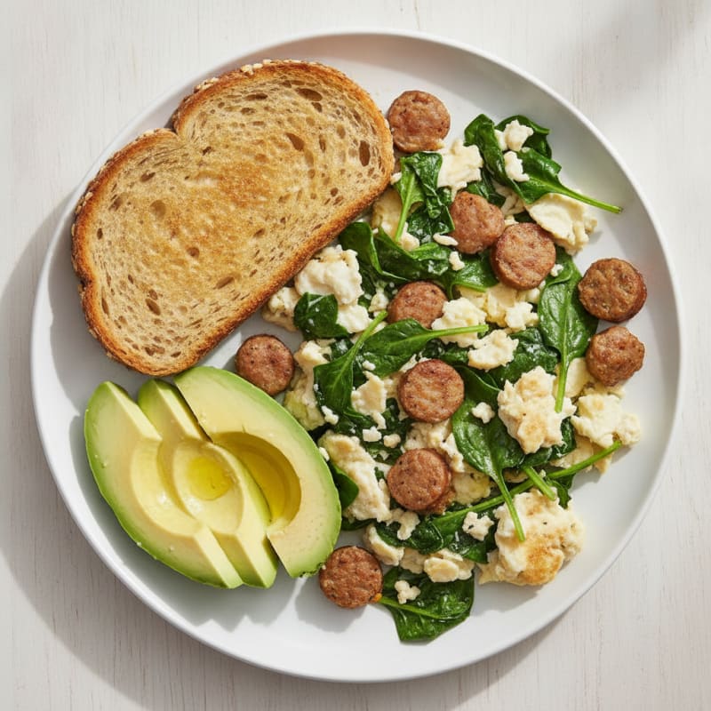 Egg White Spinach Scramble with Turkey Sausage