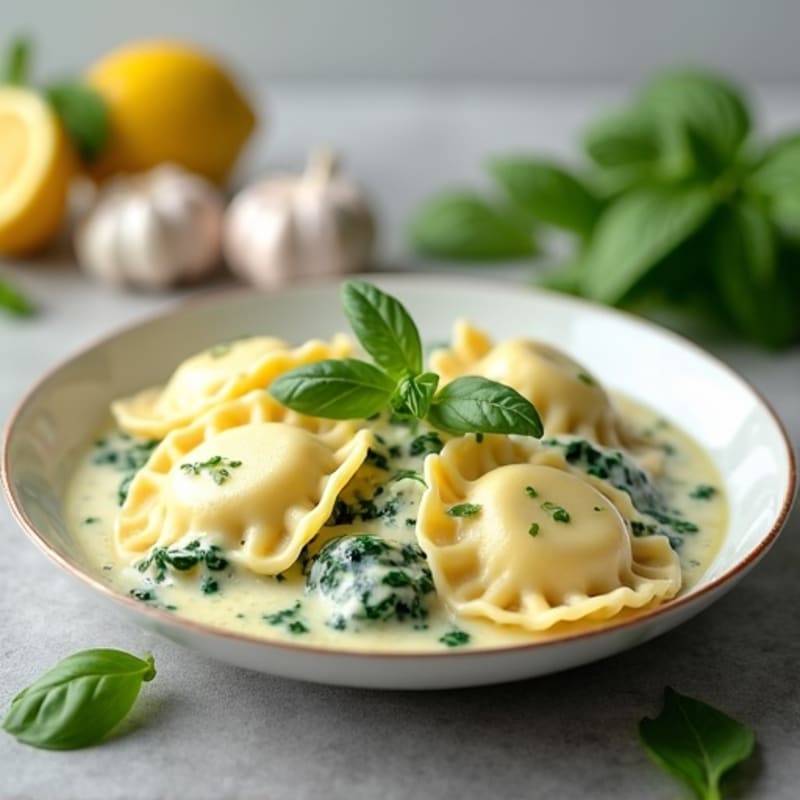Creamy Ricotta Spinach Ravioli with Herb Sauce