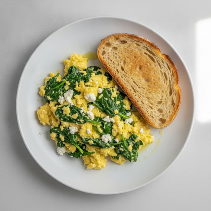 Scrambled Eggs with Cottage Cheese and Sautéed Spinach