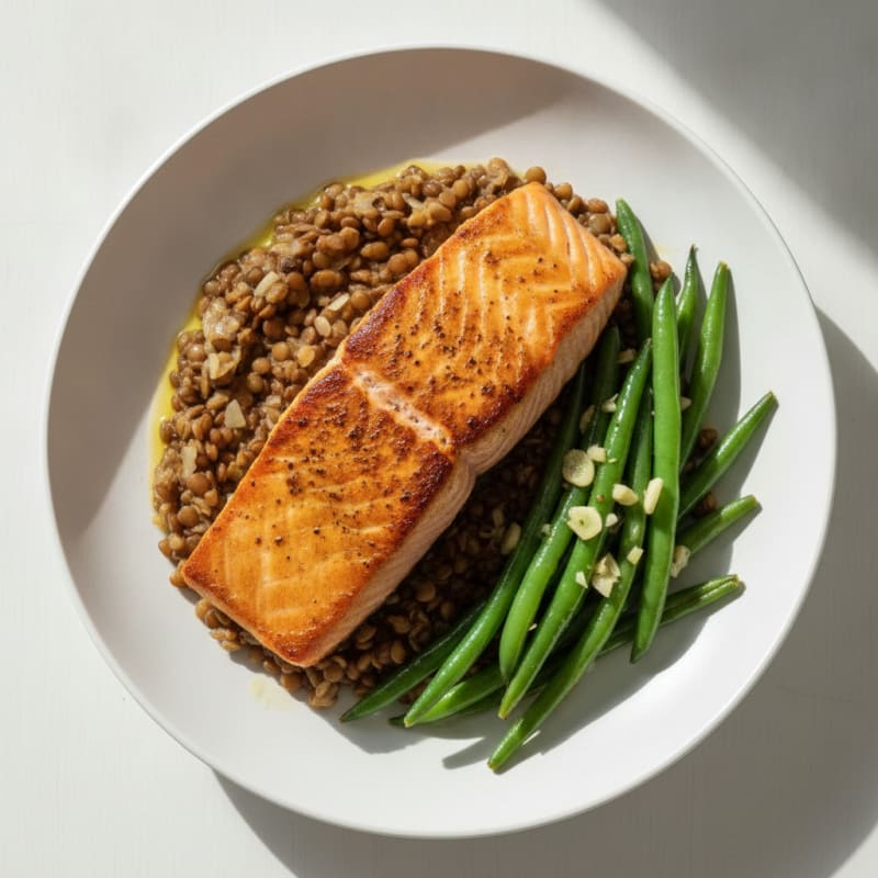 Seared Salmon with Garlic Green Beans and Lentil Mash