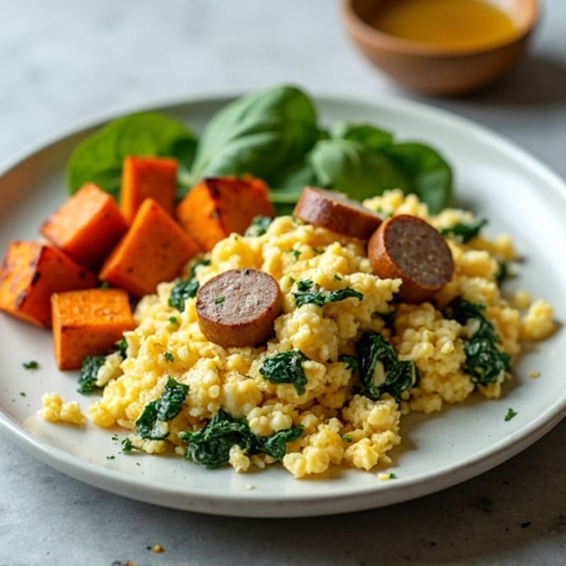 Egg White and Turkey Sausage Scramble with Spinach and Roasted Sweet Potato