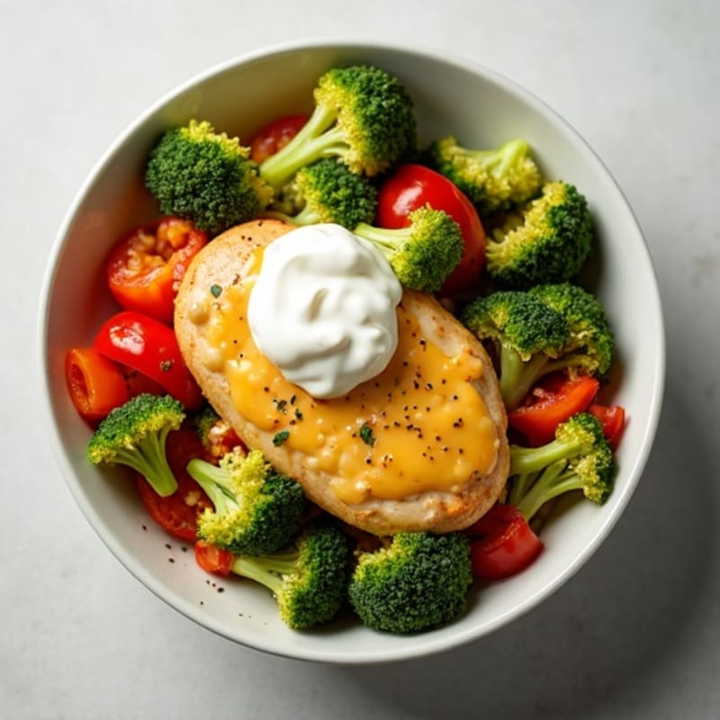 Creamy Cheesy Chicken and Roasted Veggie Bowl