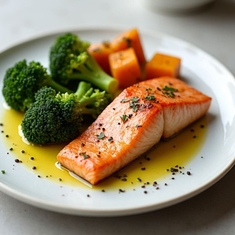 Seared Salmon with Roasted Sweet Potato and Garlic Broccoli
