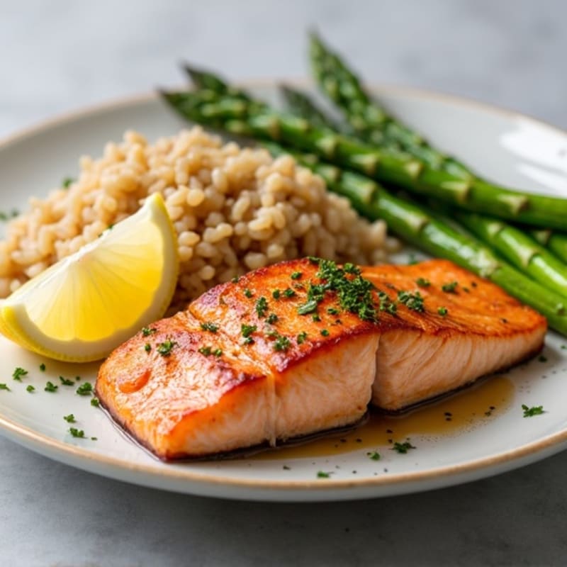 Seared Salmon with Steamed Asparagus and Brown Rice