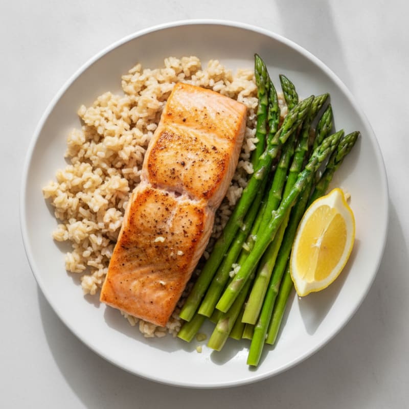 Seared Salmon with Steamed Asparagus and Brown Rice