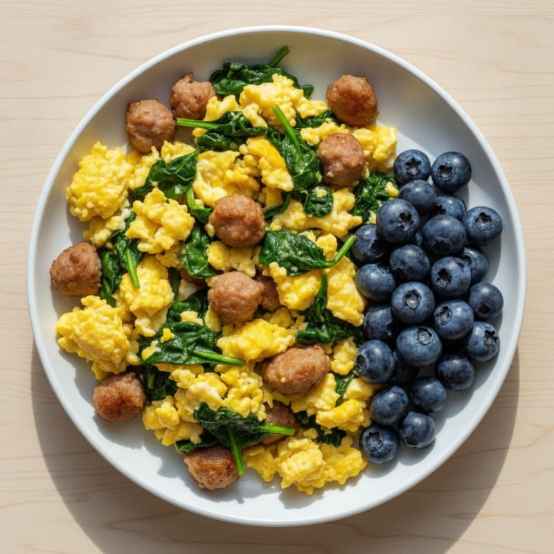 Scrambled Eggs with Turkey Sausage and Sautéed Spinach