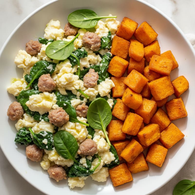 Egg White and Turkey Sausage Scramble with Spinach and Roasted Sweet Potato