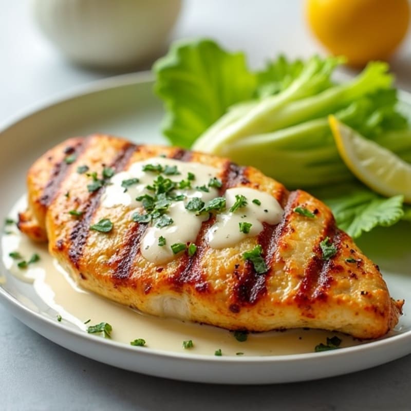 Lemon-Garlic Grilled Chicken with Creamy Caesar Dressing and Crispy Romaine