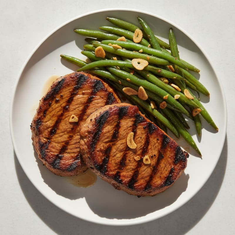 Grilled Seitan Steaks with Garlic Green Beans