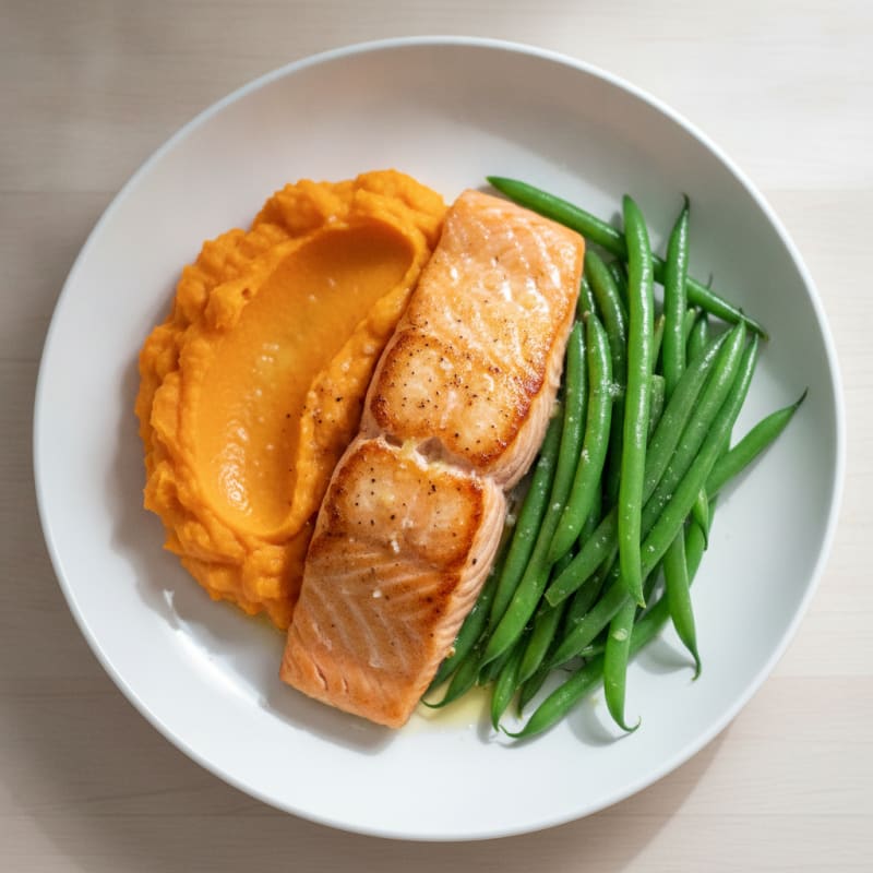 Seared Salmon with Steamed Green Beans and Sweet Potato Mash
