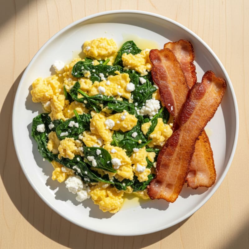 Cottage Cheese Scramble with Spinach and Turkey Bacon
