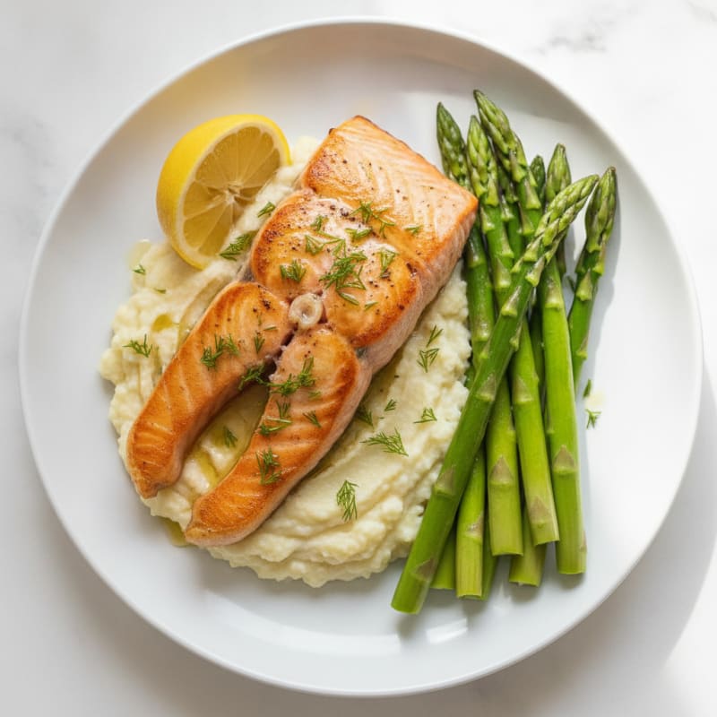 Seared Salmon with Steamed Asparagus and Cauliflower Mash