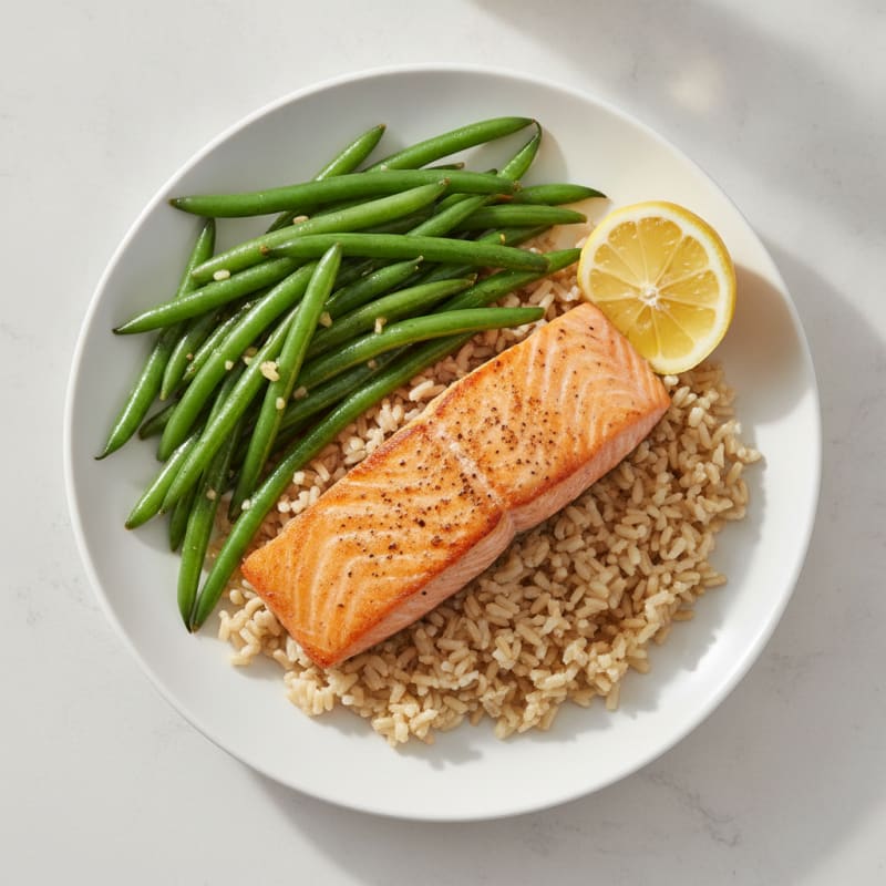 Seared Salmon Fillet with Garlic Green Beans and Brown Rice