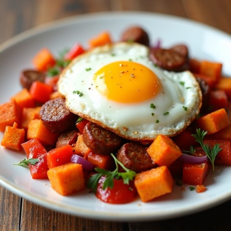 Crispy Sweet Potato and Turkey Sausage Hash with Sunny-Side Up Eggs