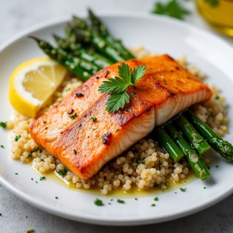 Crispy Pan-Seared Salmon with Lemon-Herb Quinoa and Roasted Asparagus