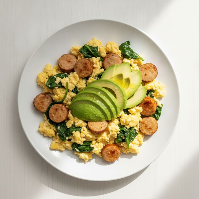 Chicken Sausage and Spinach Egg Scramble with Avocado