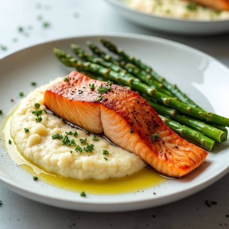 Seared Salmon with Steamed Asparagus and Cauliflower Mash
