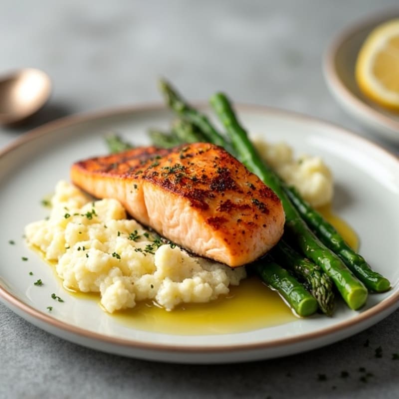 Seared Salmon with Steamed Asparagus and Garlic Mashed Cauliflower