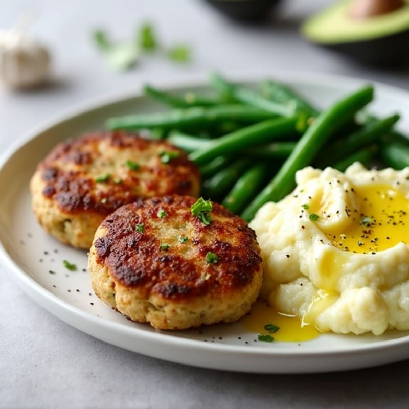 Seared Turkey Patties with Garlic Green Beans and Cauliflower Mash