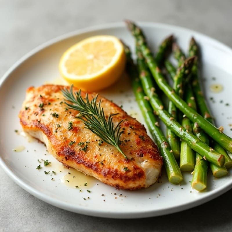 Crispy Pan-Seared Lemon Herb Chicken with Roasted Asparagus