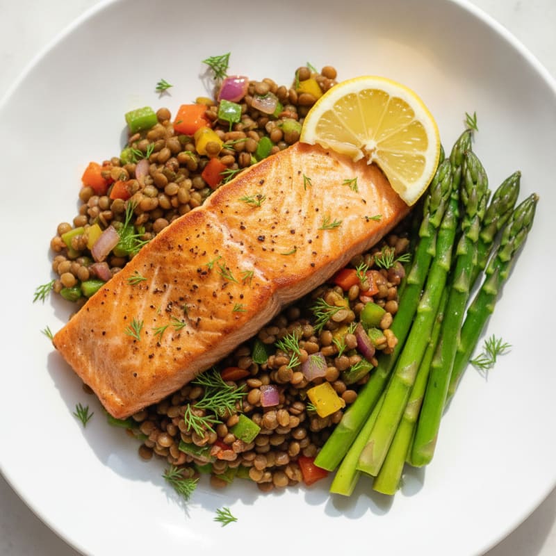 Seared Salmon Fillet with Steamed Asparagus and Lentil Salad