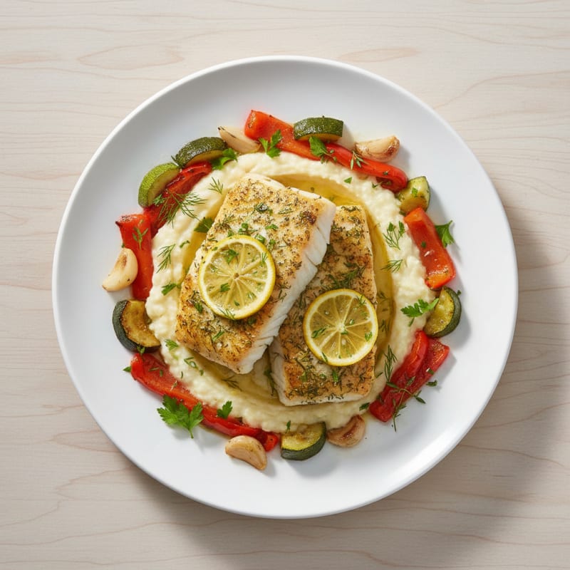 Herb-Baked Cod with Roasted Vegetables and White Bean Mash