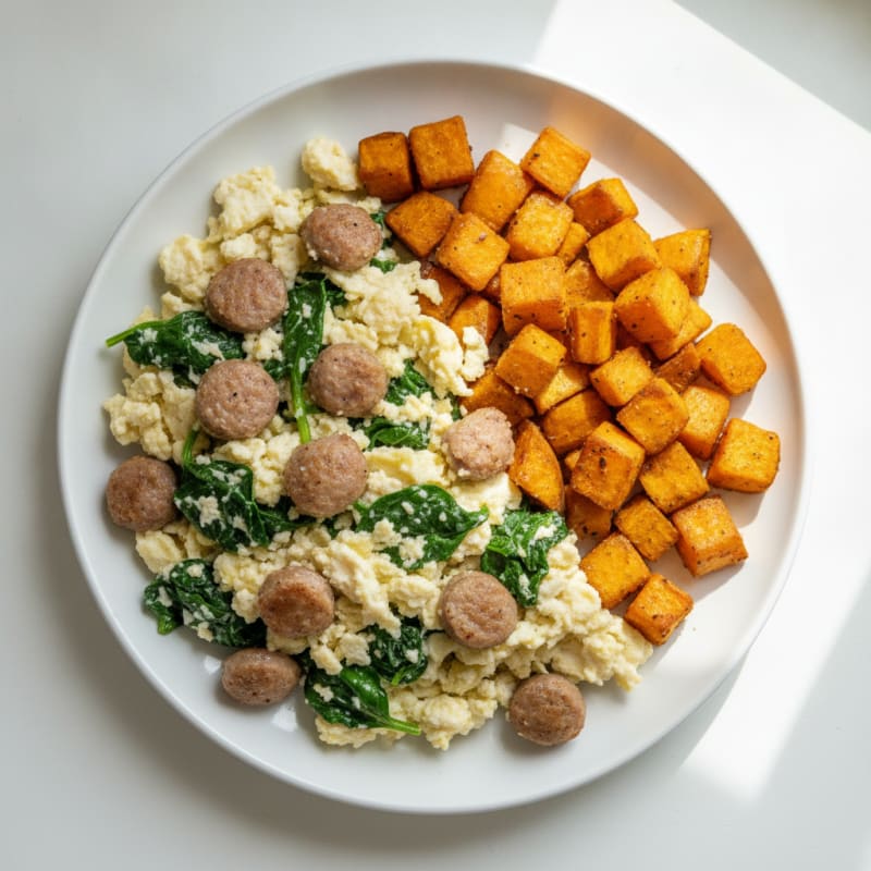 Egg White and Turkey Sausage Scramble with Sautéed Spinach and Roasted Sweet Potato
