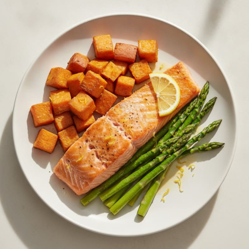 Seared Salmon with Roasted Sweet Potato and Asparagus