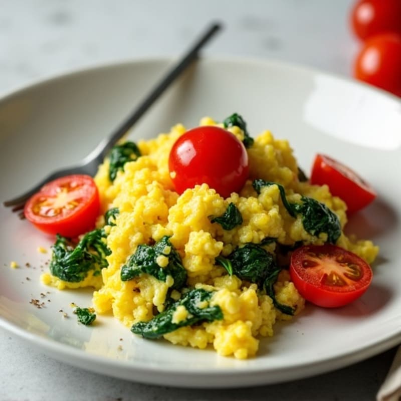 Fluffy Egg Scramble with Sautéed Spinach and Cherry Tomatoes