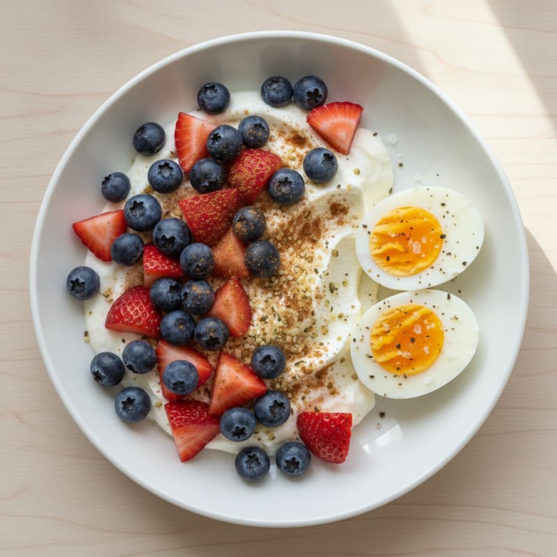 High-Protein Berry Yogurt Bowl with Hard-Boiled Eggs