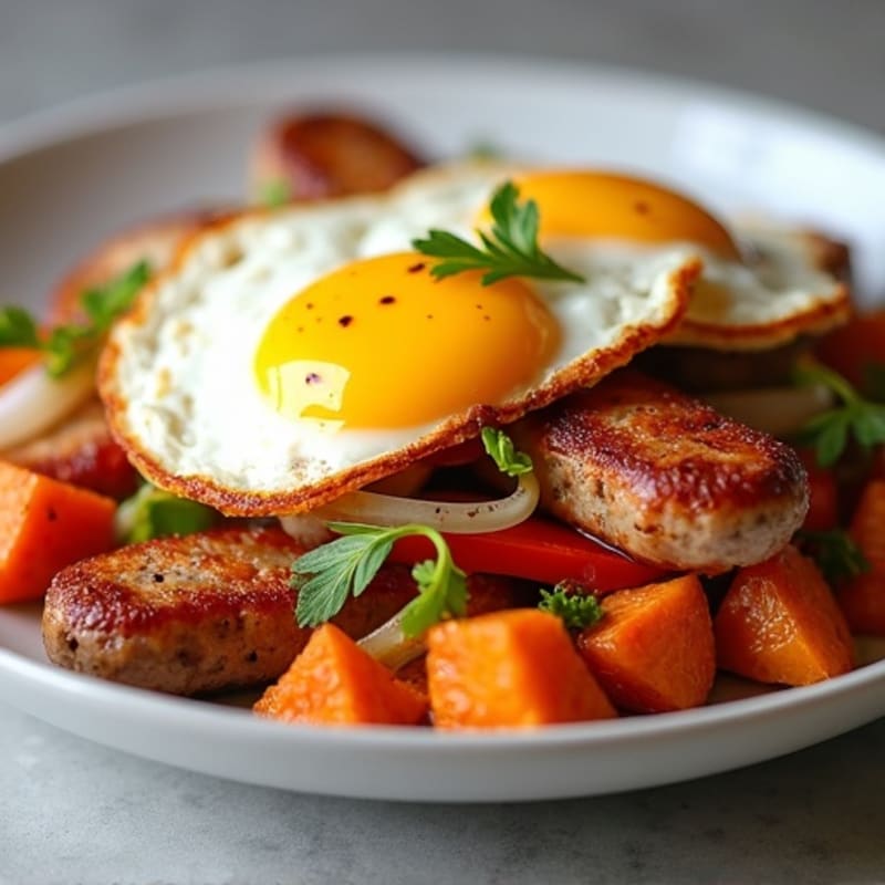 Chicken Sausage & Sweet Potato Hash with Fried Eggs