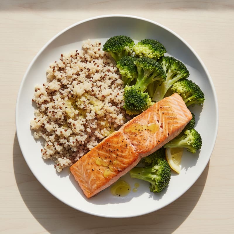 Seared Salmon with Steamed Broccoli and Quinoa