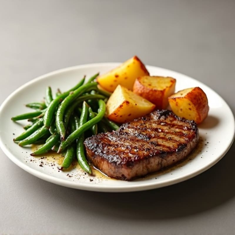 Pan-Seared Steak with Crispy Roasted Potatoes and Garlicky Green Beans
