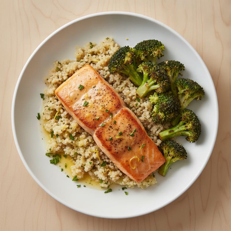 Seared Salmon Filet with Roasted Broccoli and Lemon Quinoa