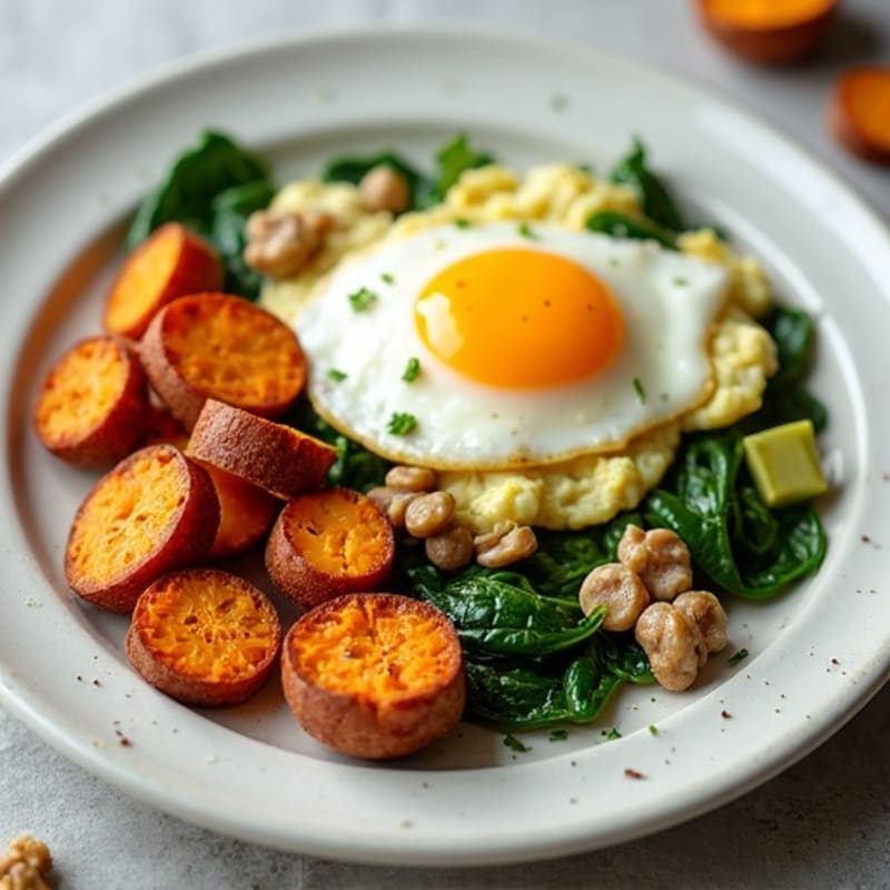 Egg White and Turkey Sausage Scramble with Spinach and Roasted Sweet Potato