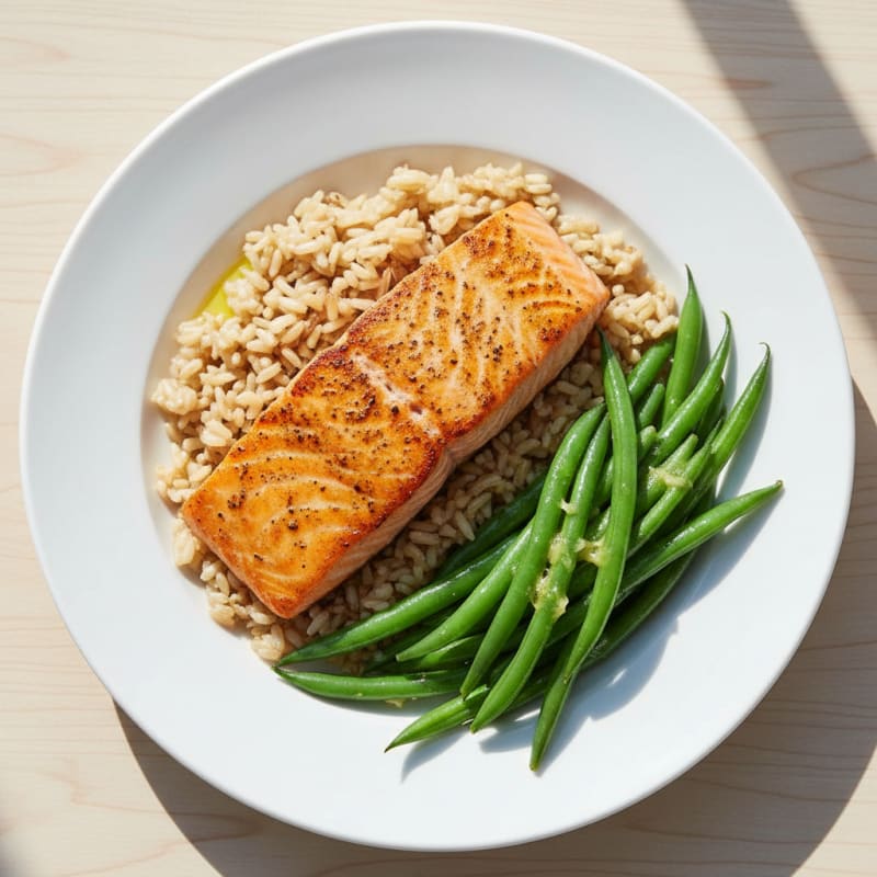 Seared Salmon Fillet with Steamed Green Beans and Brown Rice