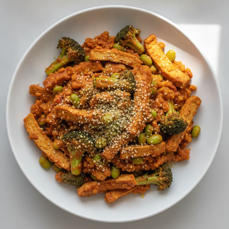 Creamy Lentil and Vegetable Stir-Fry with Edamame and Hemp Seeds