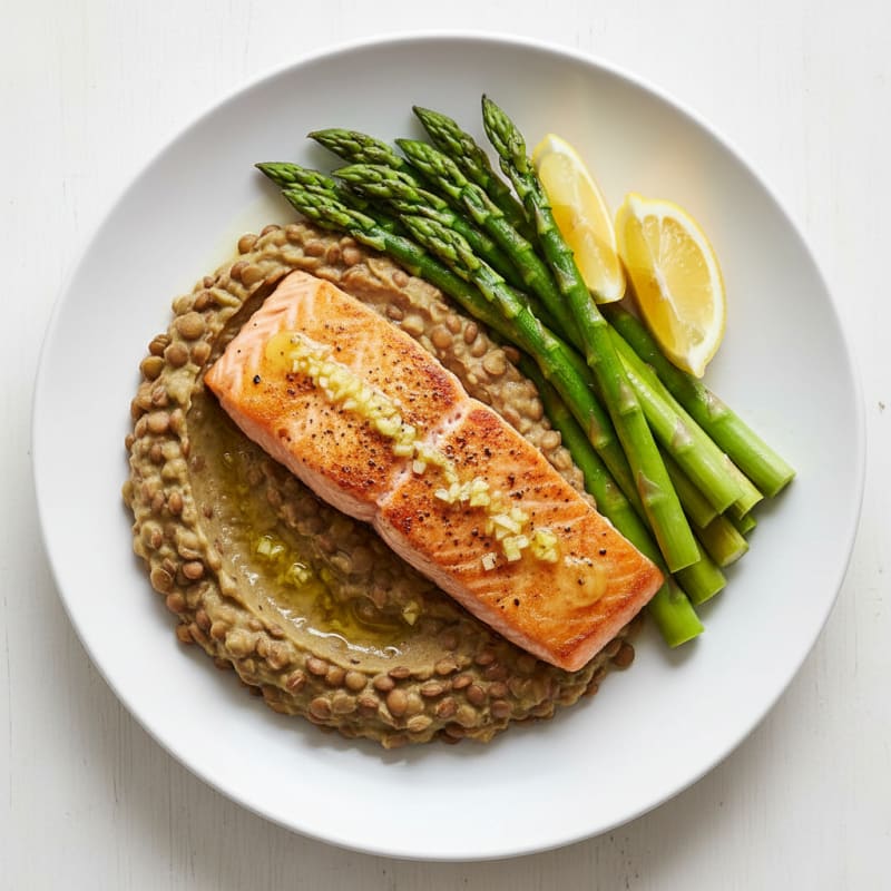 Seared Salmon Fillet with Creamy Lentil Mash and Steamed Asparagus