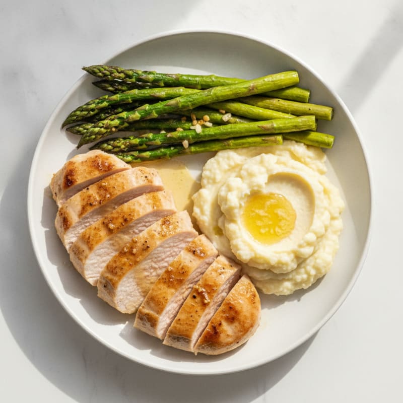 Seared Turkey Breast with Roasted Asparagus and Cauliflower Mash