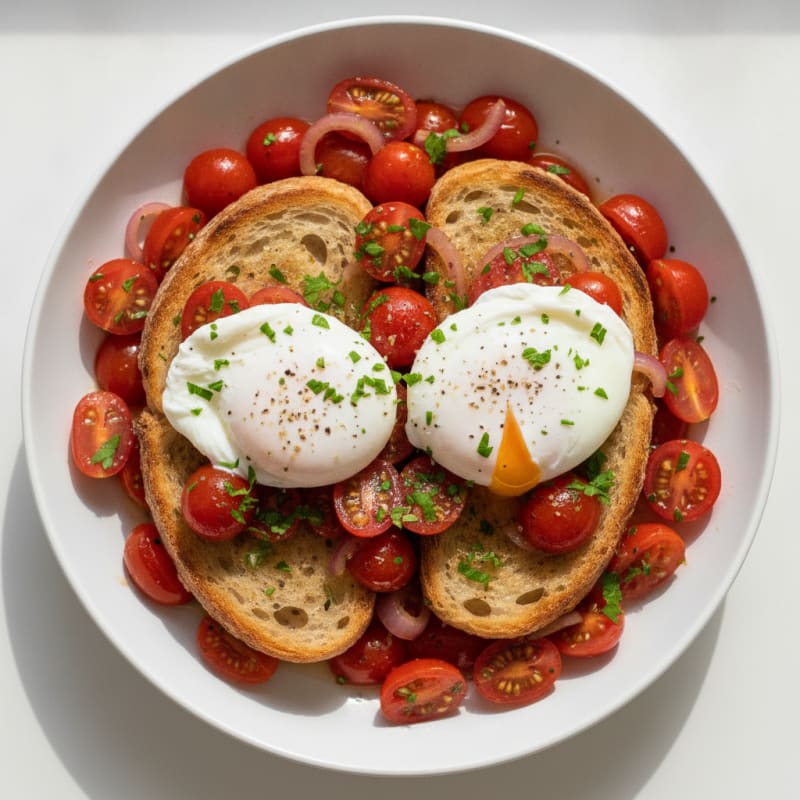 Poached Eggs with Herbed Tomatoes on Sourdough