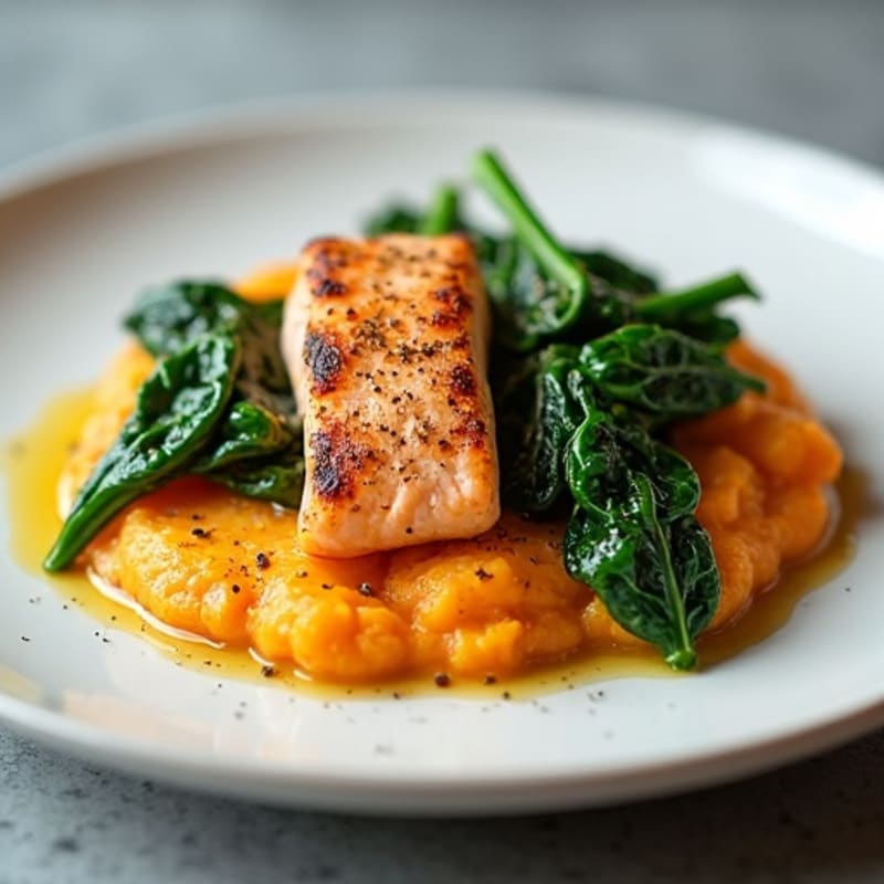 Seared Salmon with Creamy Spinach and Sweet Potato Mash