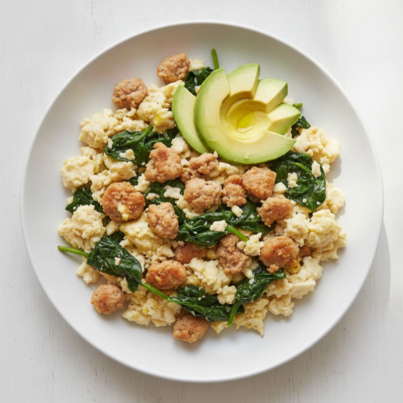 Egg White Scramble with Turkey Sausage and Sautéed Spinach
