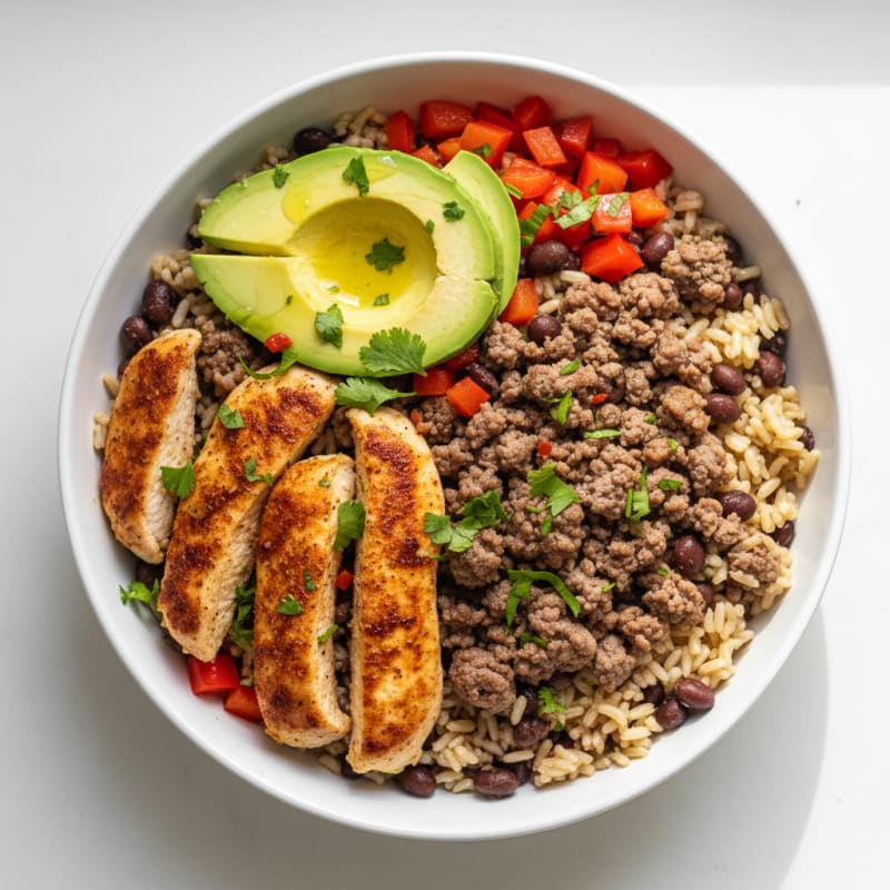 Chicken and Beef Rice Bowl with Avocado