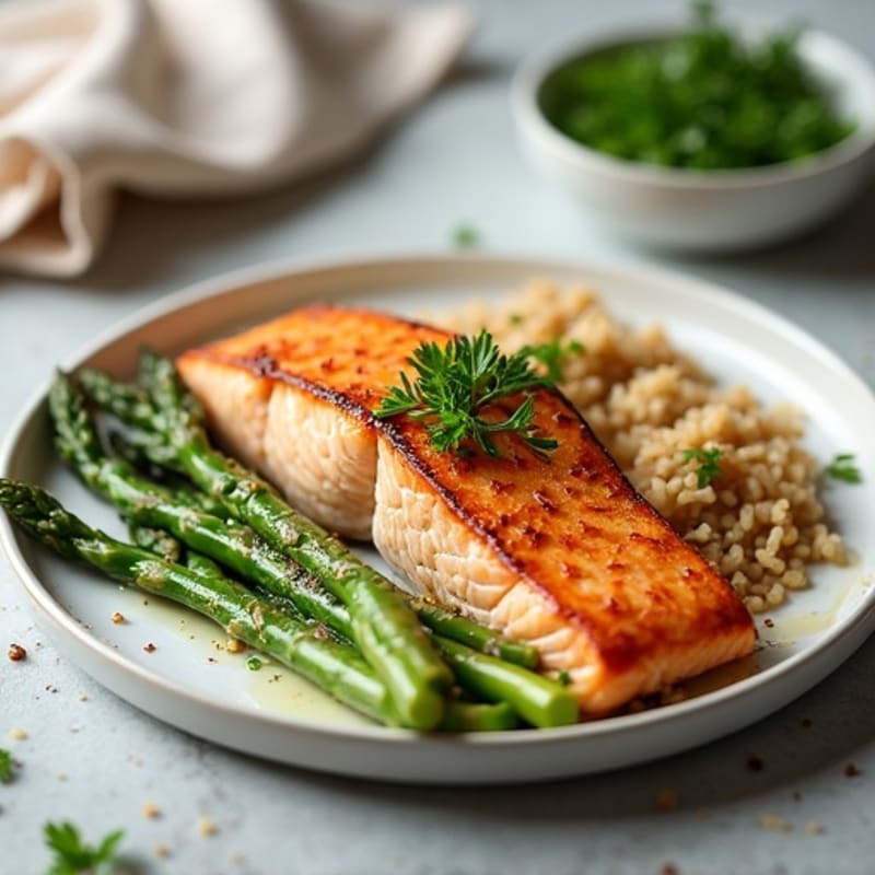 Seared Salmon with Steamed Asparagus and Brown Rice
